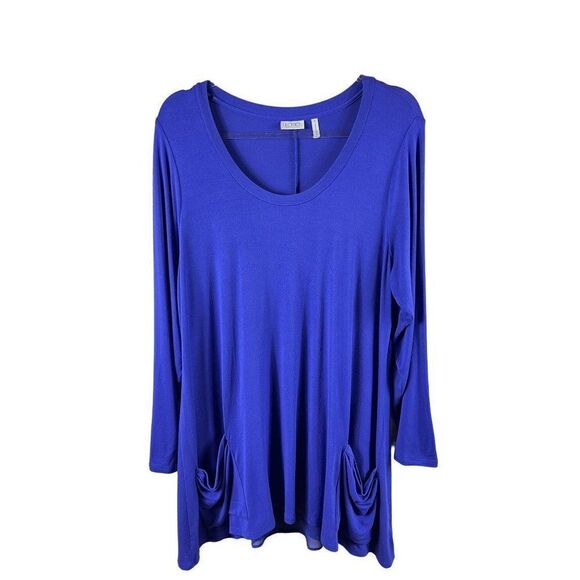 LOGO Lori Goldstein Jersey Knit Split Back Pocket Tunic Top 1X Purple Stretch - Picture 1 of 9